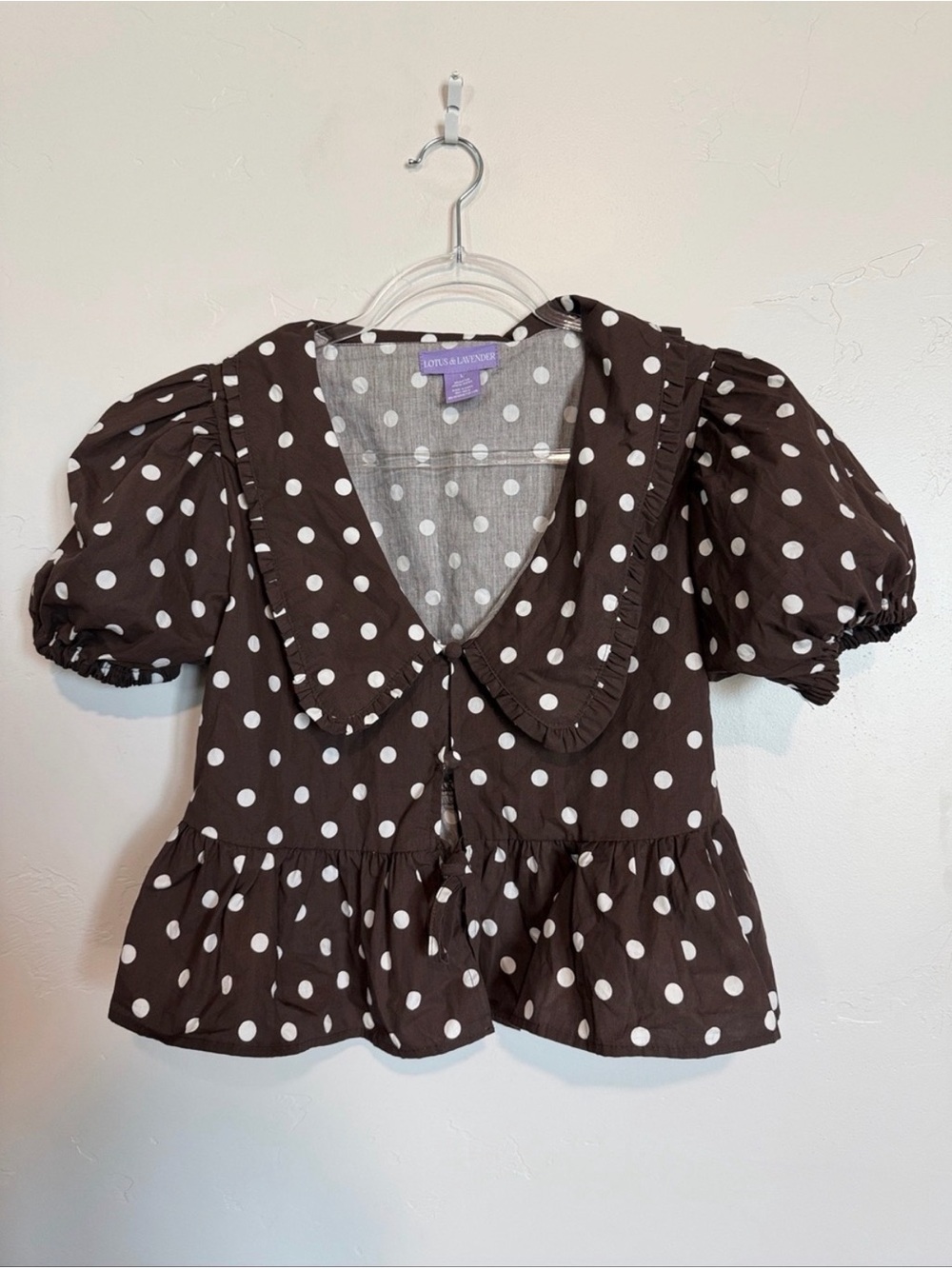 Brown Polka Dot Puff-Sleeve Blouse